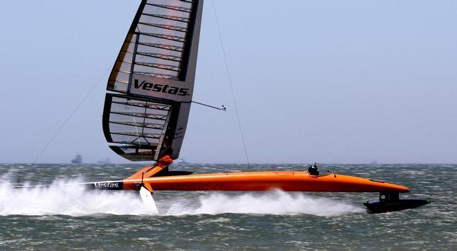 Paul Larsen aboard Vestas Sail Rocket. ©  Helena Darvelid/VestasSailrocket http://www.sailrocket.com/